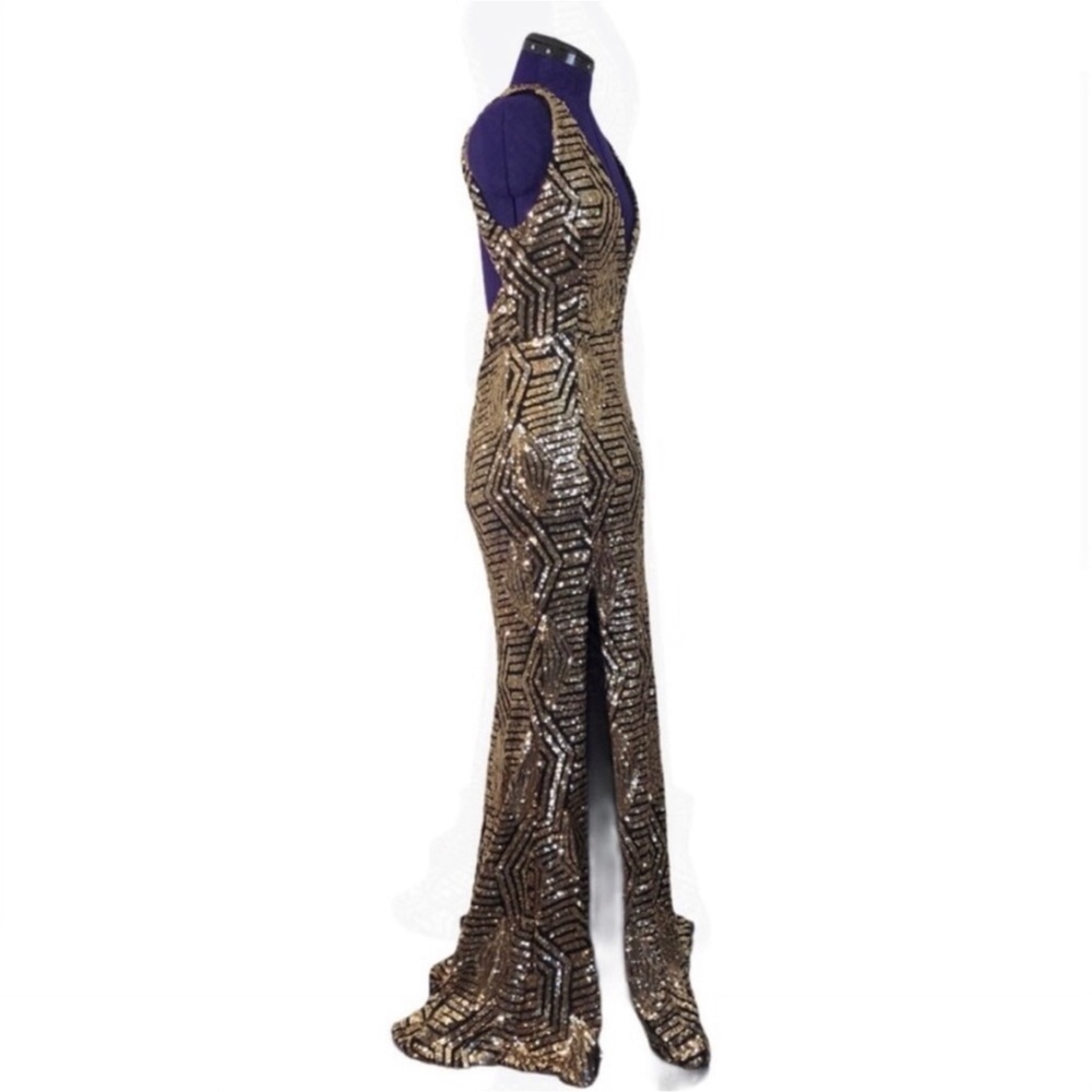 Gold Black Sequins Patterned Formal Prom Maxi Dress